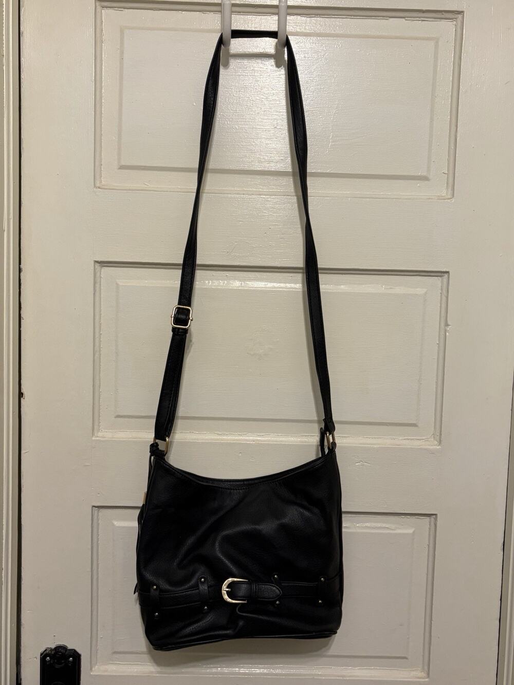 Black Faux Leather Crossbody Purse With Gold Tone Hardware and Tassel